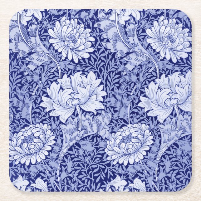Chrysanthemum Blue, William Morris Square Paper Coaster (Front)