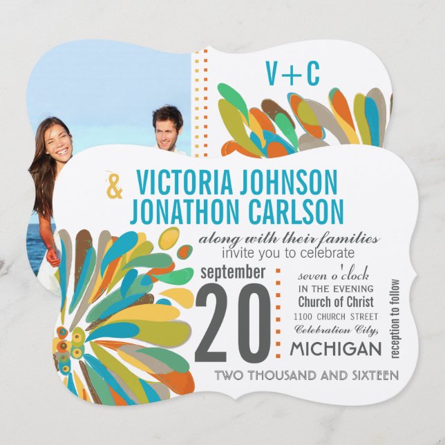 Chrysanthemum Coral Yellow Green Floral Photo Invitation (Front/Back)