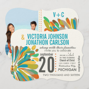 Chrysanthemum Coral Yellow Green Floral Photo Invitation