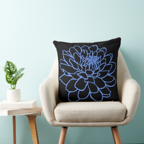 Chrysanthemum Drawing _ Baby Blue on Black Throw Pillow