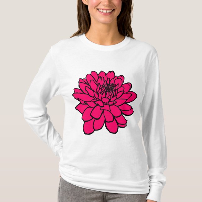 Chrysanthemum Drawing - Black and Neon Red T-Shirt (Front)