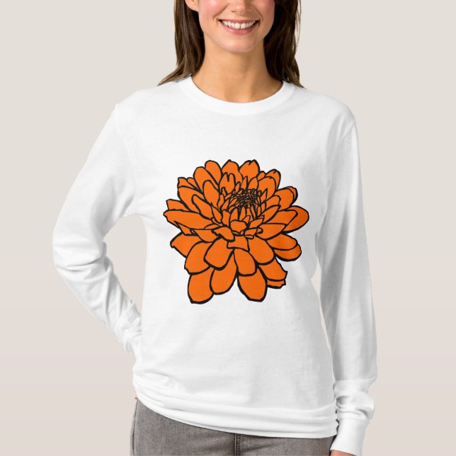 Chrysanthemum Drawing - Black and Orange T-Shirt (Front)