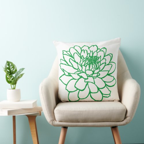 Chrysanthemum Drawing _ Grass Green on White Throw Pillow