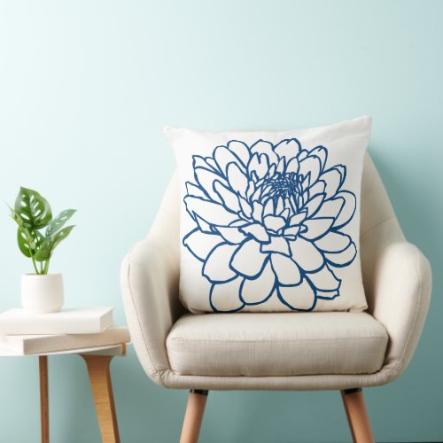Chrysanthemum Drawing _  Indigo Style Blue Throw Pillow