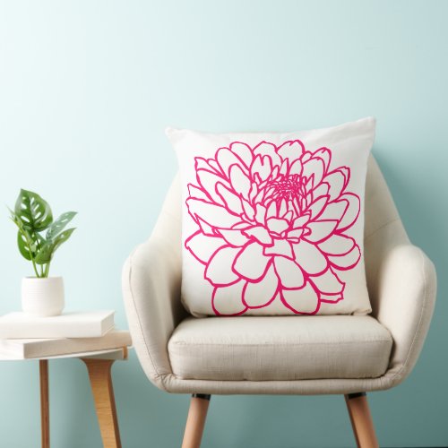 Chrysanthemum Drawing _ Neon Red on White Throw Pillow