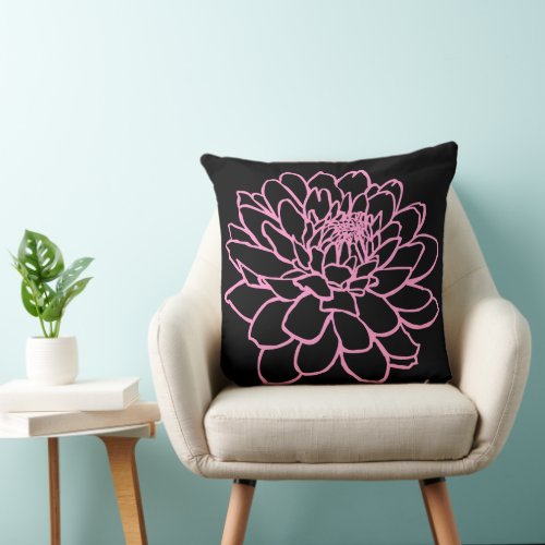 Chrysanthemum Drawing _ Pink on Black Throw Pillow