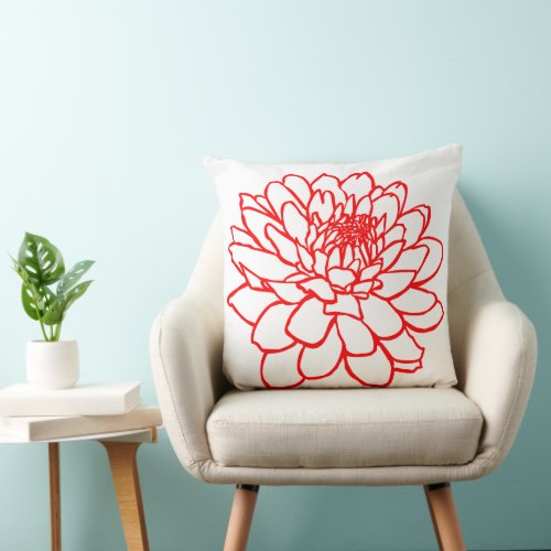 Chrysanthemum Drawing _ Red on White Throw Pillow
