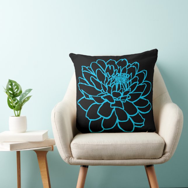 Chrysanthemum Drawing -  Sky Blue on Black Throw Pillow (Chair)