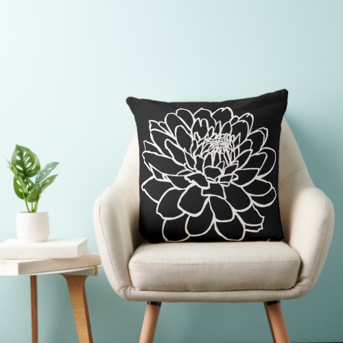Chrysanthemum Drawing _ White on Black Throw Pillow