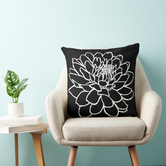 Chrysanthemum Drawing - White on Black Throw Pillow (Chair)