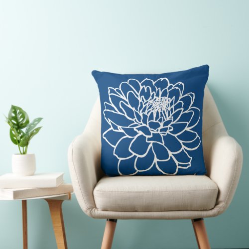 Chrysanthemum Drawing _ White on Indigo Style Blue Throw Pillow