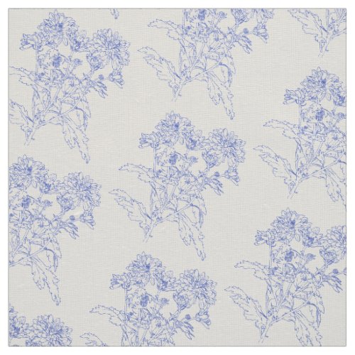 Chrysanthemum flower Blue outline drawing fabric