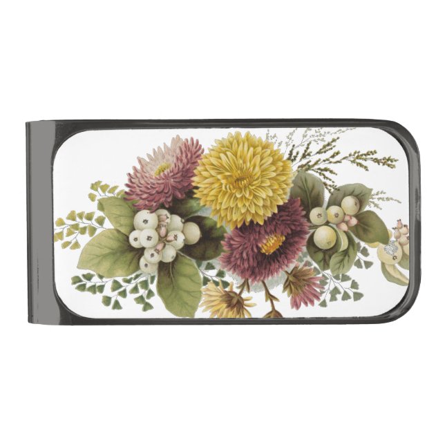 Chrysanthemum Flower Mum Floral Gunmetal Finish Money Clip (Front)
