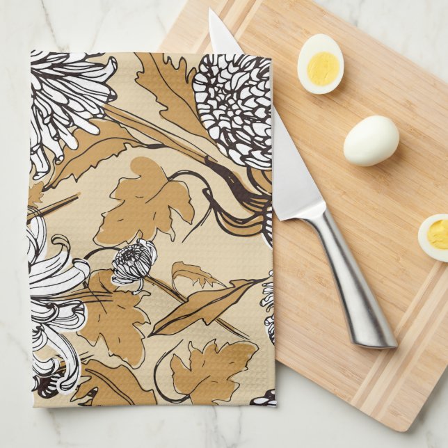 Chrysanthemum Flower Seamless Pattern Kitchen Towel (Quarter Fold)