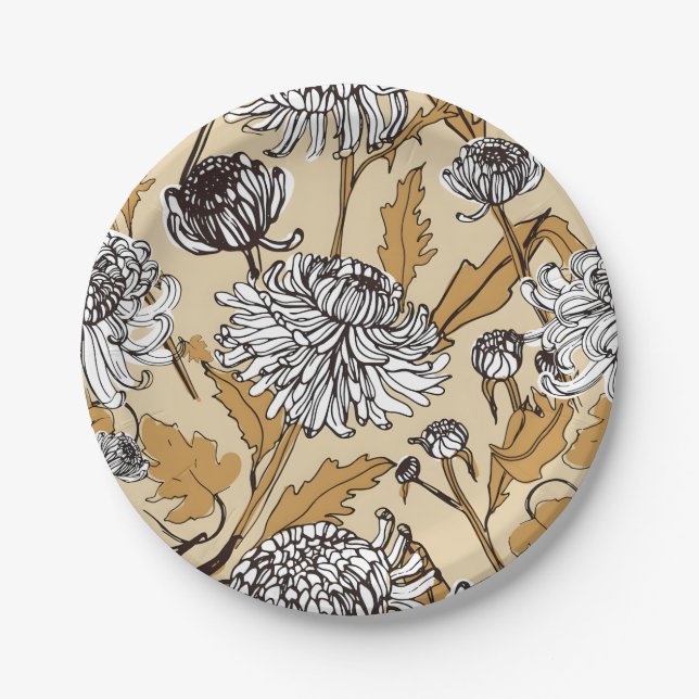 Chrysanthemum Flower Seamless Pattern Paper Plates (Front)