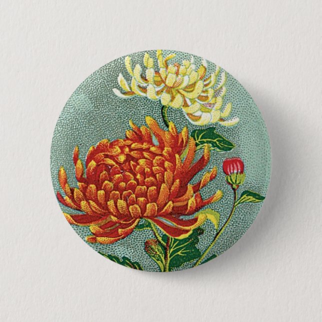 Chrysanthemum Flower Vintage Japanese Silk Label Pinback Button (Front)