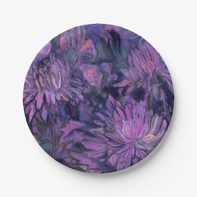 Chrysanthemum Flowers Abstract Floral Art Violet Paper Plates (Front)