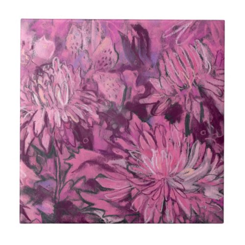 Chrysanthemum Flowers Floral Painting Pink Maroon Ceramic Tile