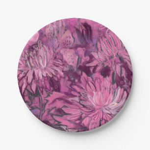 Chrysanthemum Flowers Floral Painting Pink Maroon Paper Plates