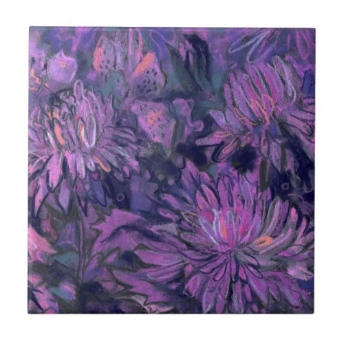 Chrysanthemum Flowers Floral Painting Violet Pink Ceramic Tile