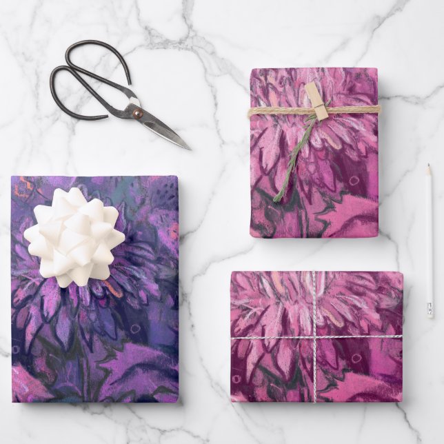 Chrysanthemum Flowers Floral Painting Violet Pink Wrapping Paper Sheets (Front)