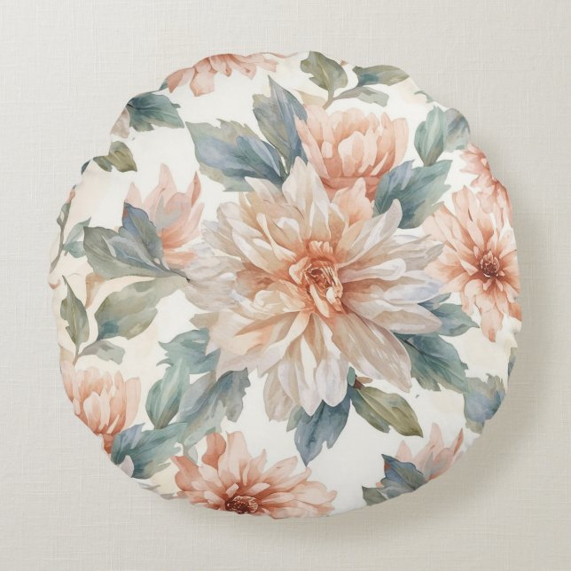 Chrysanthemum Flowers Watercolor Botanical Pattern Round Pillow (Front)