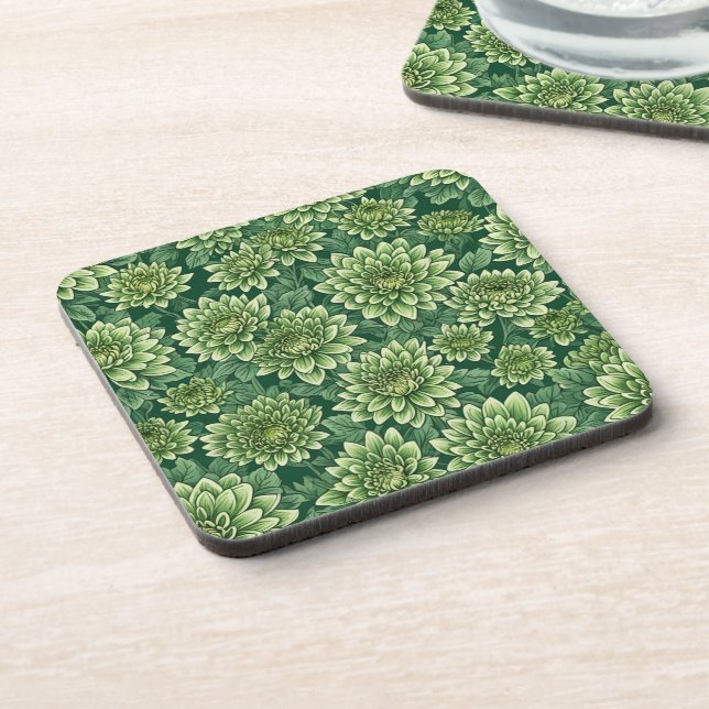 Chrysanthemum green flower pattern beverage coaster (Left Side)