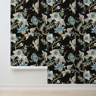 Chrysanthemum Japanese Red Crown Crane Bird Black