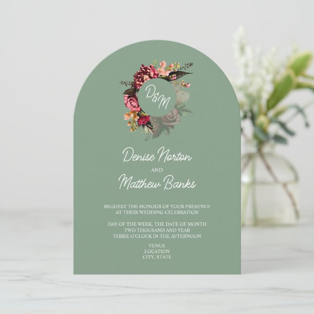 Chrysanthemum Monogram on Basil Green Invitation (Standing Front)