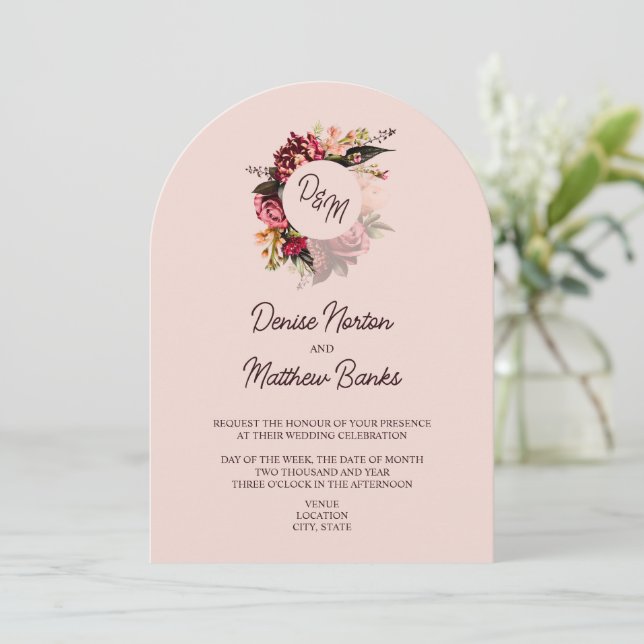 Chrysanthemum Monogram on Blush Rose Invitation (Standing Front)