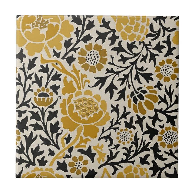 Chrysanthemum Mustard Yellow Tan Black Leaves  Ceramic Tile (Front)
