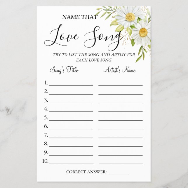 Chrysanthemum Name that love song shower game card Flyer (Front)