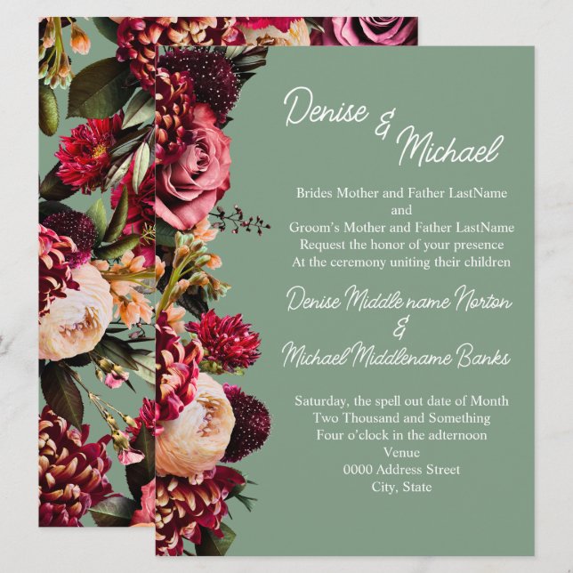 Chrysanthemum on Basil Green Invitation (Front/Back)