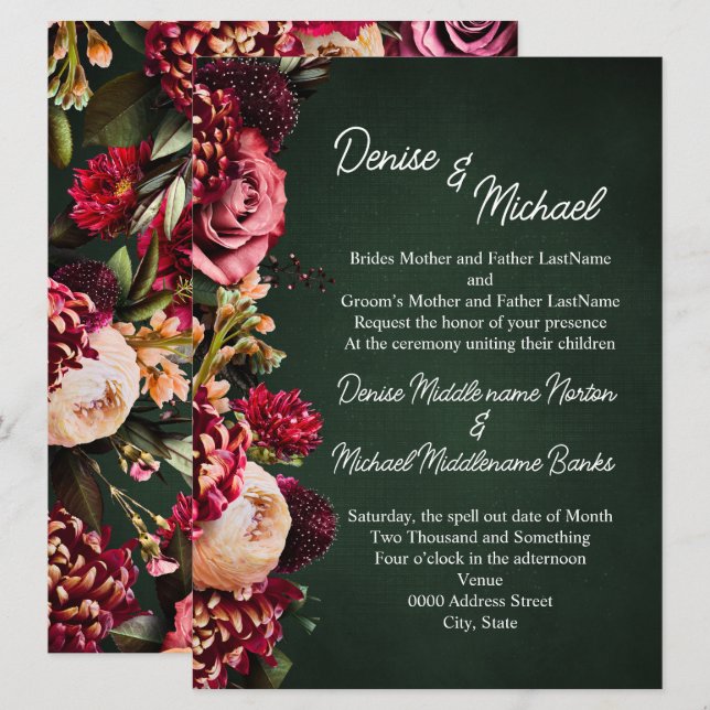 Chrysanthemum on Emerald Wedding Invitation (Front/Back)