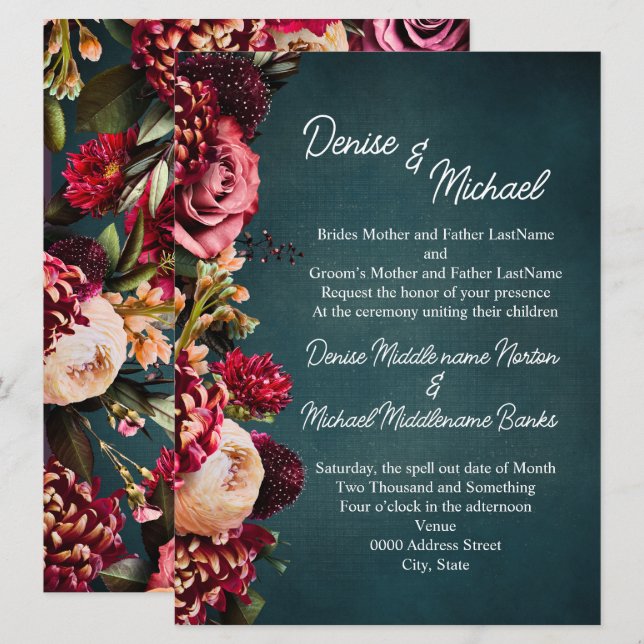 Chrysanthemum on Teal Wedding Invitation (Front/Back)