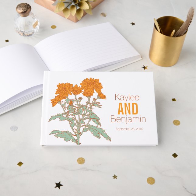 Chrysanthemum orange fall flower wedding  guest book (Front Open)