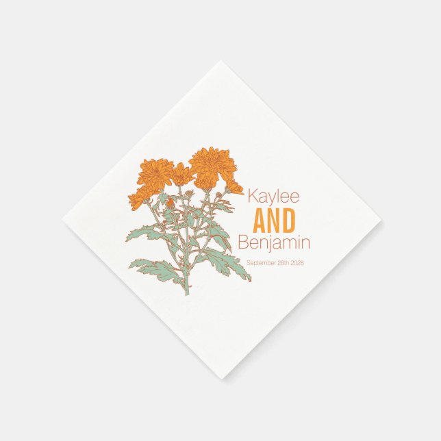 Chrysanthemum orange fall flower wedding napkins (Corner)