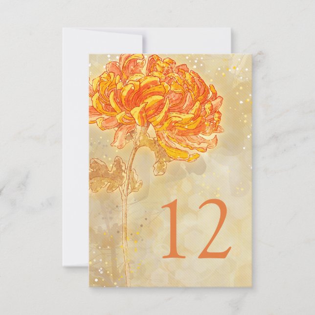 Chrysanthemum Orange Floral Wedding Table Number (Front)