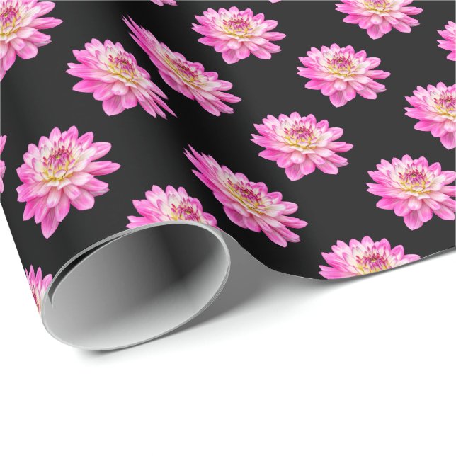Chrysanthemum Pattern - Full Color on Black Wrapping Paper (Roll Corner)
