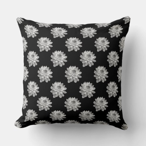 Chrysanthemum Pattern _ Monochrome on Black Throw Pillow