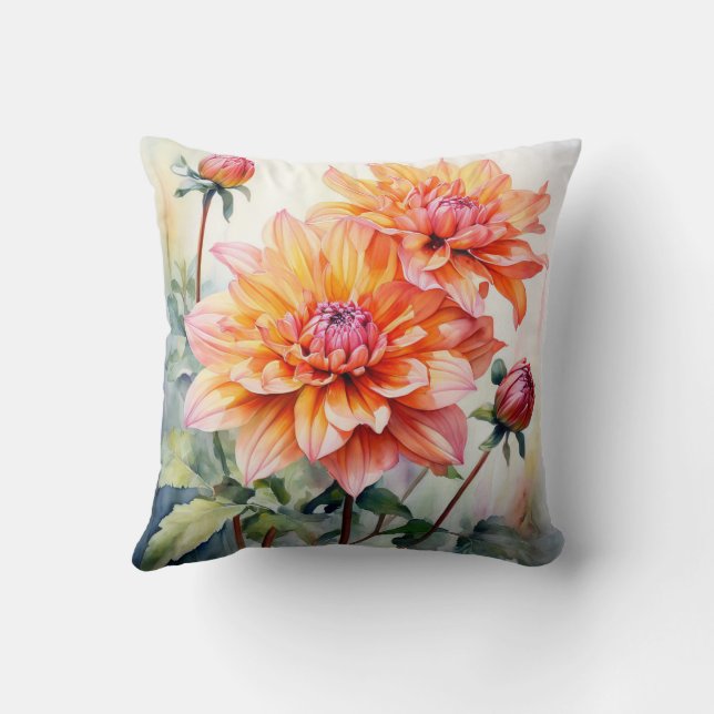 Chrysanthemum peach flower watercolor throw pillow (Back)