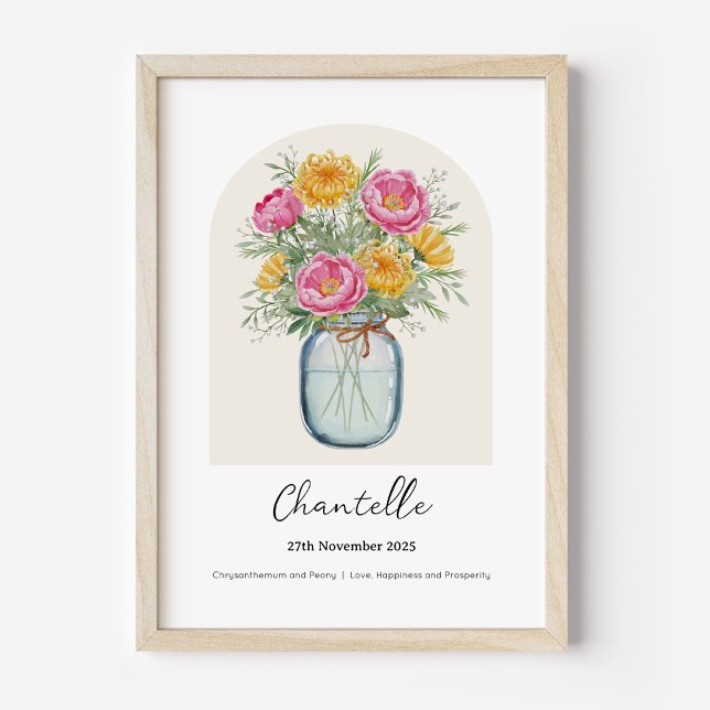 Chrysanthemum Peony Birth Month Flower Poster (Personalised November Birth Month Flower Bouquet in Vase Poster | Chrysanthemum and Peony.)