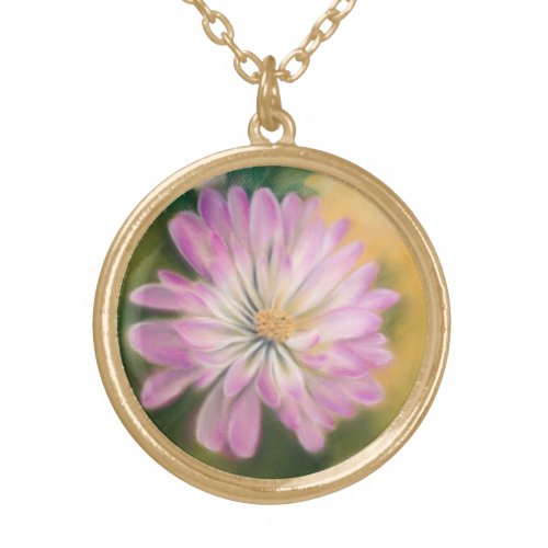 Chrysanthemum Pink and Cream Pastel Floral Gold Plated Necklace