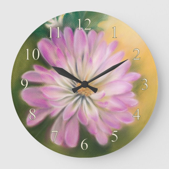 Chrysanthemum Pink and Cream Pastel Floral Large Clock (Front)