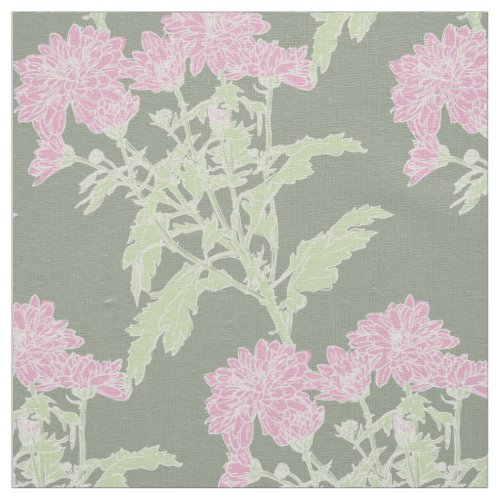 Chrysanthemum pink green graphic drawing fabric