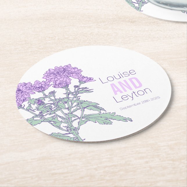 Chrysanthemum purple flower graphic paper coasters (Angled)