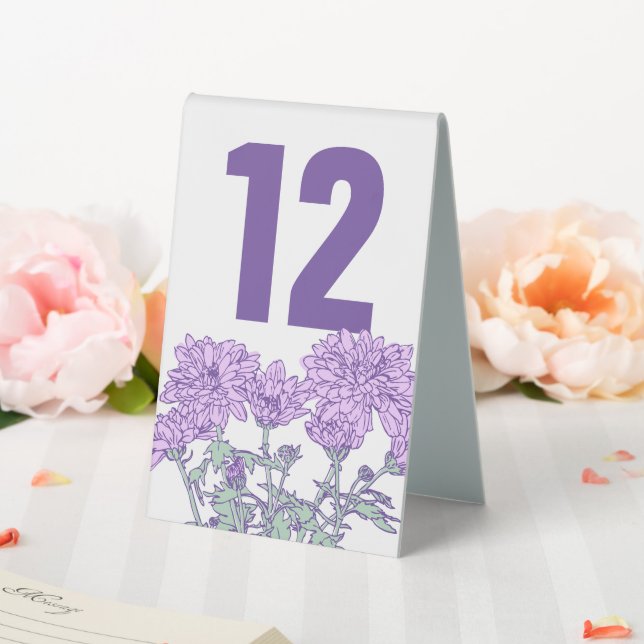 Chrysanthemum purple flower wedding table numbers tent (In SItu (Wedding))
