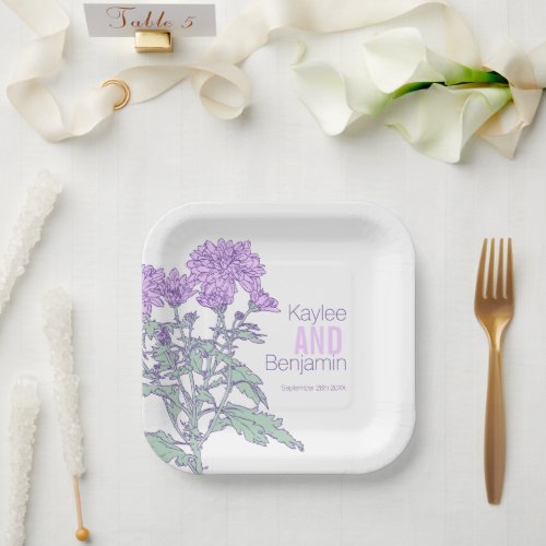 Chrysanthemum purple flowers wedding paper plates