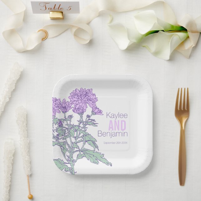 Chrysanthemum purple flowers wedding paper plates (Wedding)