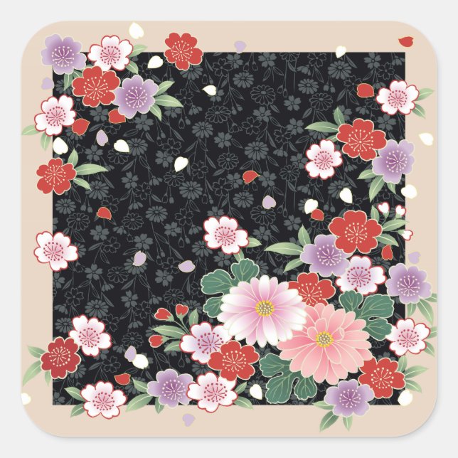 Chrysanthemum & Sakura Japanese Fine Art Square Sticker (Front)
